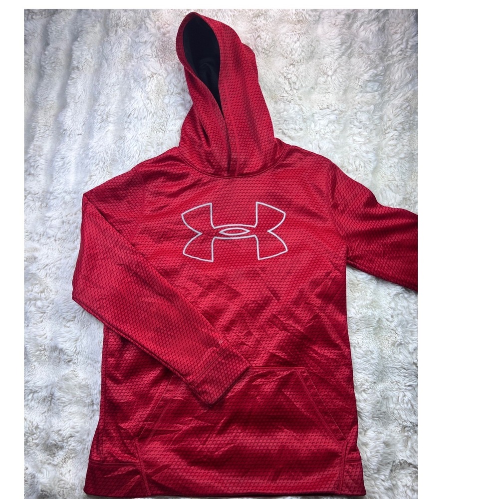 Under Armour ColdGear Red Textured Hoodie Boys YXL Loose Fit Sweatshirt A34